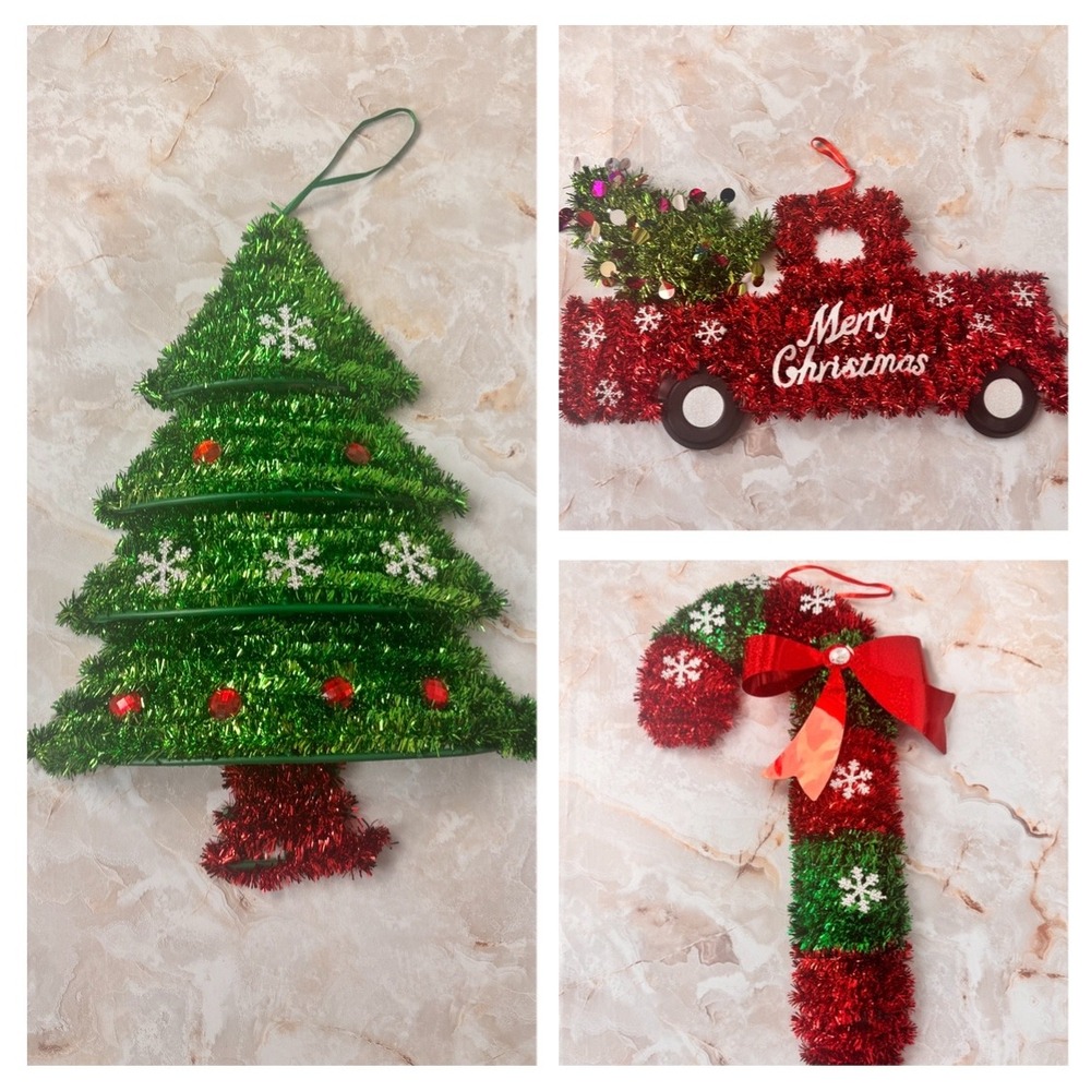 Christmas Tinsel Wall Decor Set Red Green Truck Tree Candy Cane 3pc Holiday
